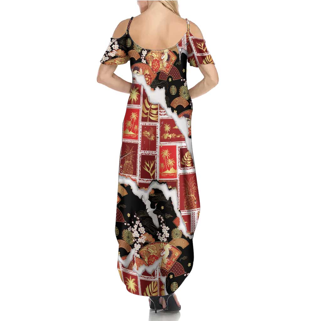 Hawaii Japanese Culture Black Summer Maxi Dress Spring Cranes Aloha Pattern