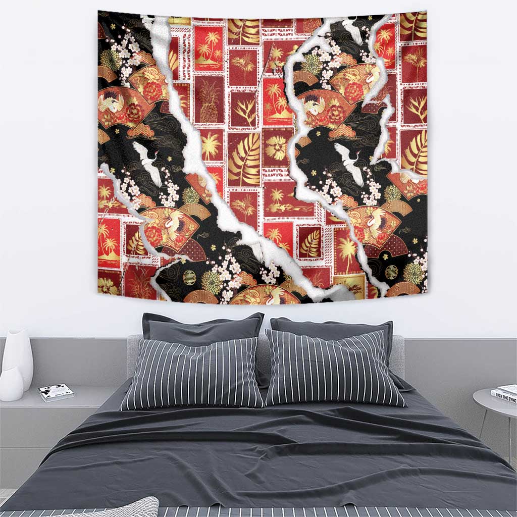 Hawaii Japanese Culture Black Tapestry Spring Cranes Aloha Pattern