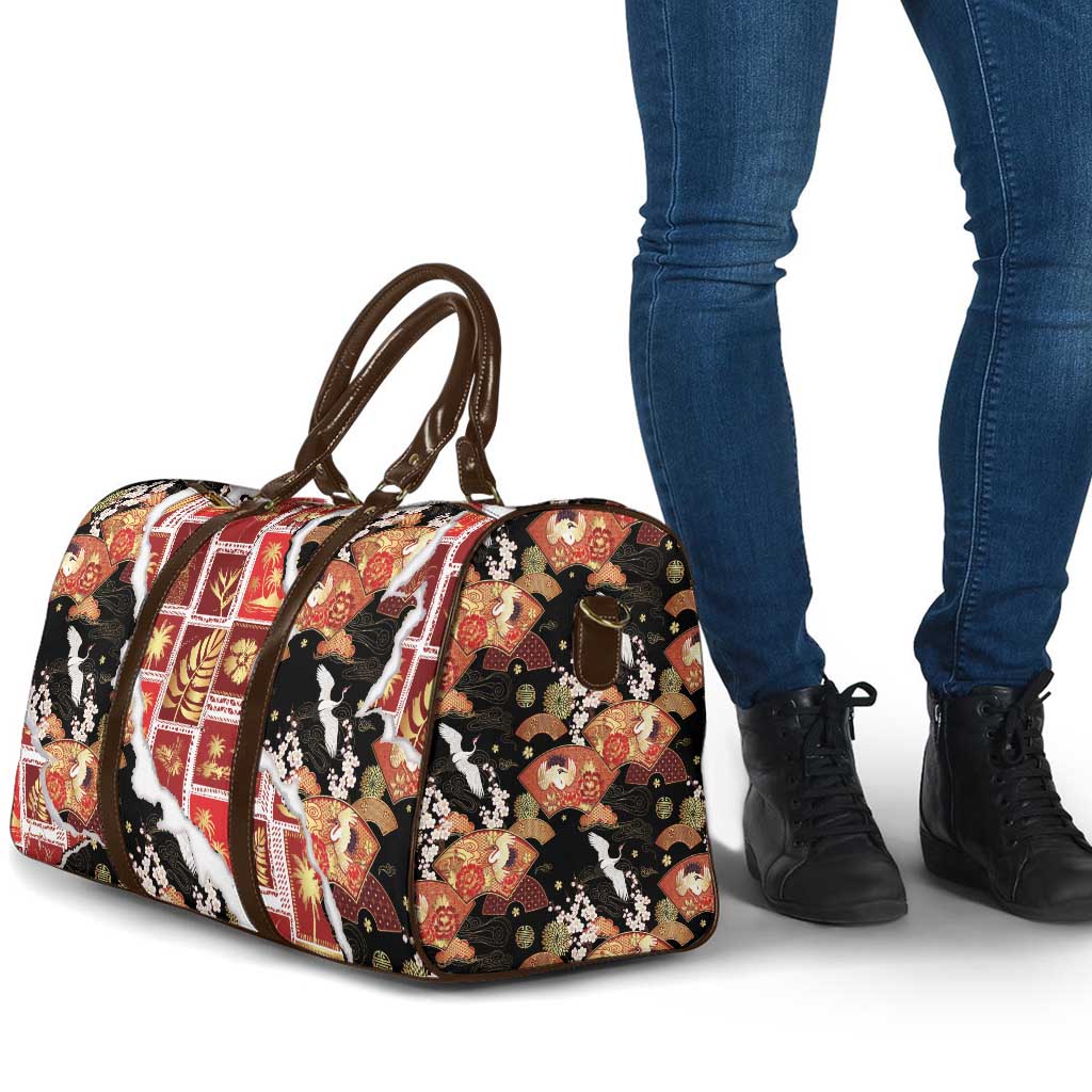 Hawaii Japanese Culture Black Travel Bag Spring Cranes Aloha Pattern