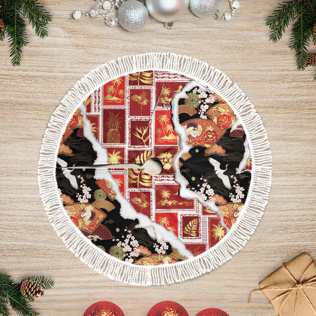 Hawaii Japanese Culture Black Tree Skirt Spring Cranes Aloha Pattern LT01 Fringed Black - Polynesian Pride