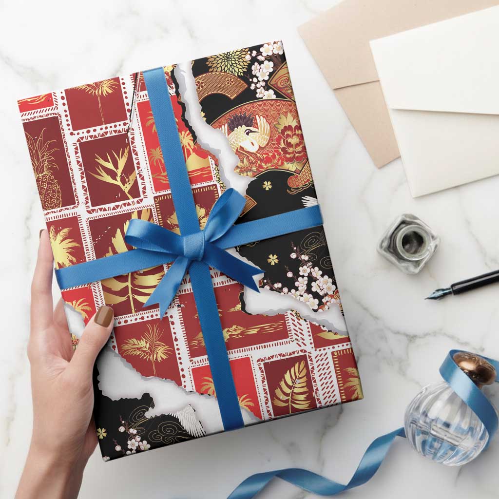 Hawaii Japanese Culture Black Wrapping Paper Spring Cranes Aloha Pattern