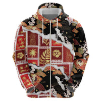 Hawaii Japanese Culture Black Zip Hoodie Spring Cranes Aloha Pattern