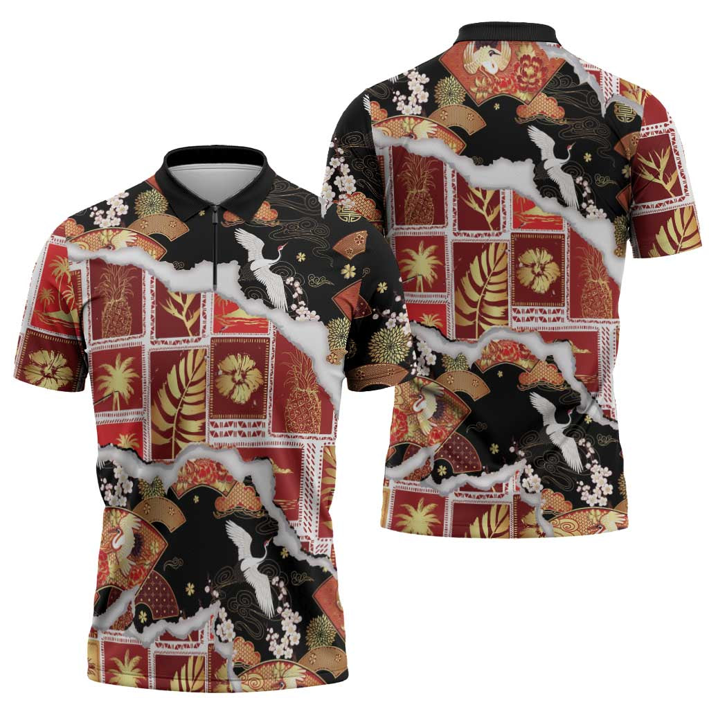 Hawaii Japanese Culture Black Zipper Polo Shirt Spring Cranes Aloha Pattern