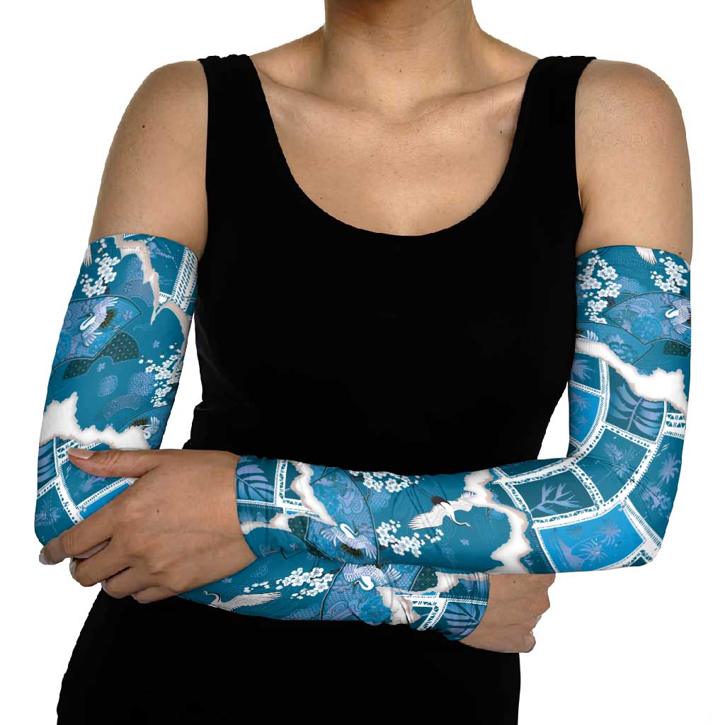 Hawaii Japanese Culture Blue Arm Sleeves Spring Cranes Aloha Pattern
