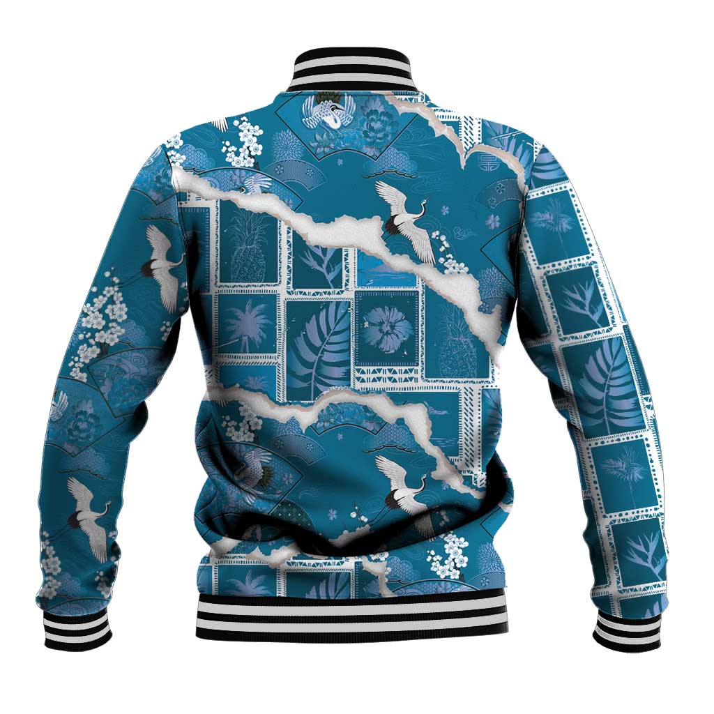 Hawaii Japanese Culture Blue Baseball Jacket Spring Cranes Aloha Pattern