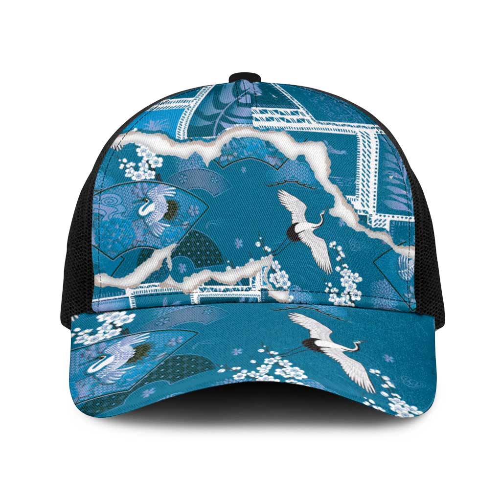 Hawaii Japanese Culture Blue Baseball Net Cap Spring Cranes Aloha Pattern
