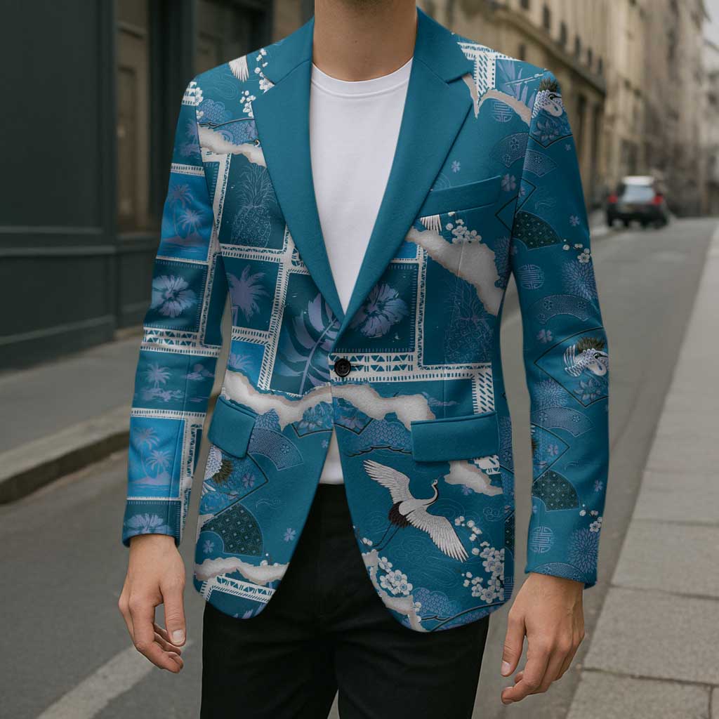 Hawaii Japanese Culture Blue Blazer Spring Cranes Aloha Pattern