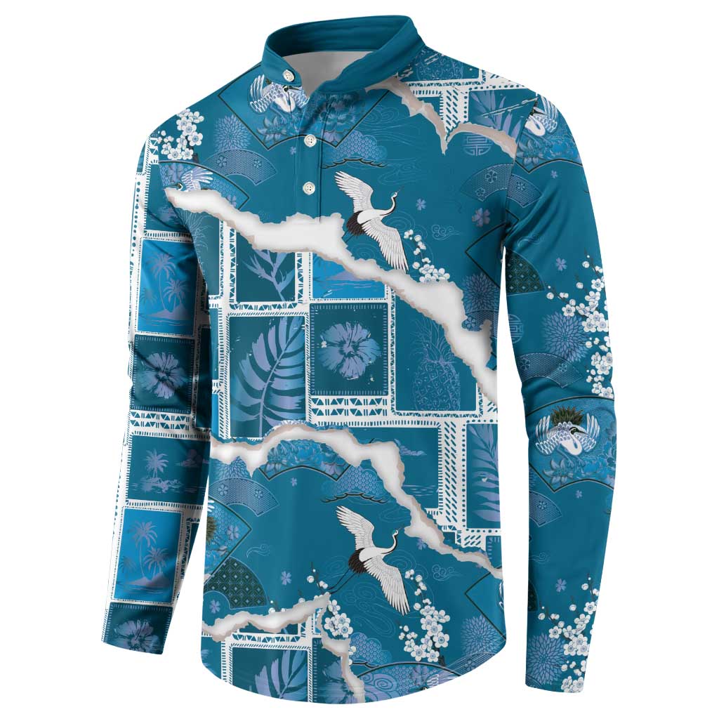 Hawaii Japanese Culture Blue Button Sweatshirt Spring Cranes Aloha Pattern