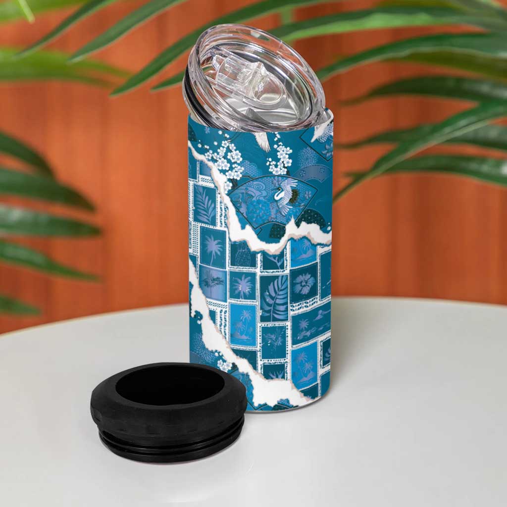 Hawaii Japanese Culture Blue 4 in 1 Can Cooler Tumbler Spring Cranes Aloha Pattern LT01 - Polynesian Pride