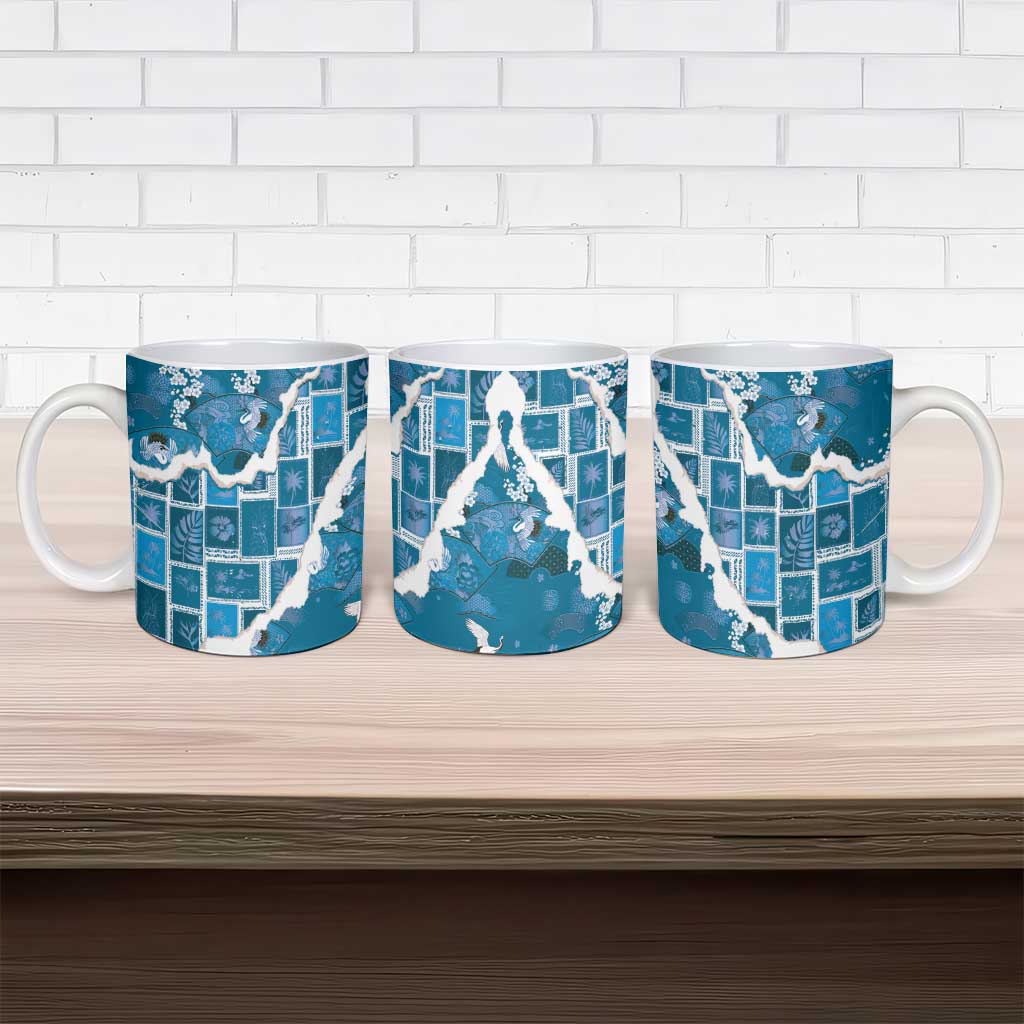 Hawaii Japanese Culture Blue Ceramic Mug Spring Cranes Aloha Pattern