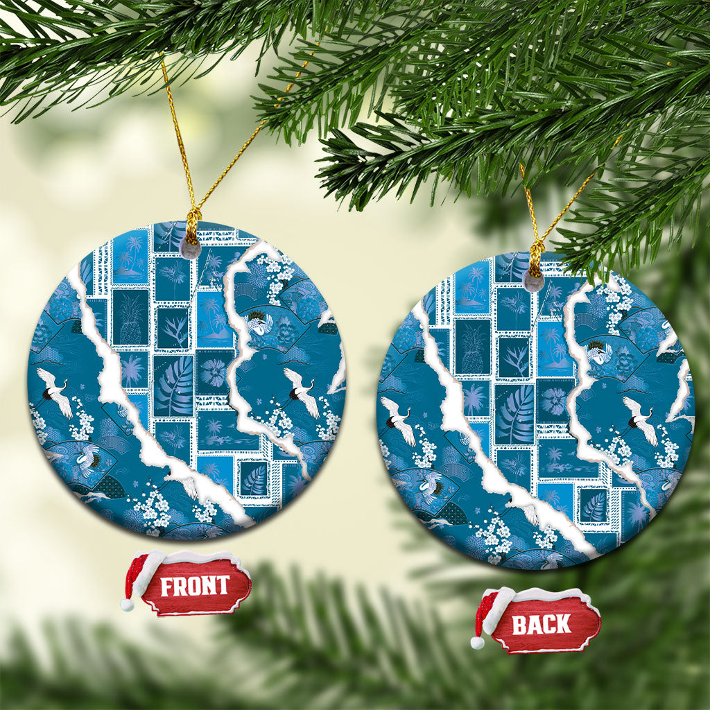 Hawaii Japanese Culture Blue Ceramic Ornament Spring Cranes Aloha Pattern LT01 Circle Blue - Polynesian Pride