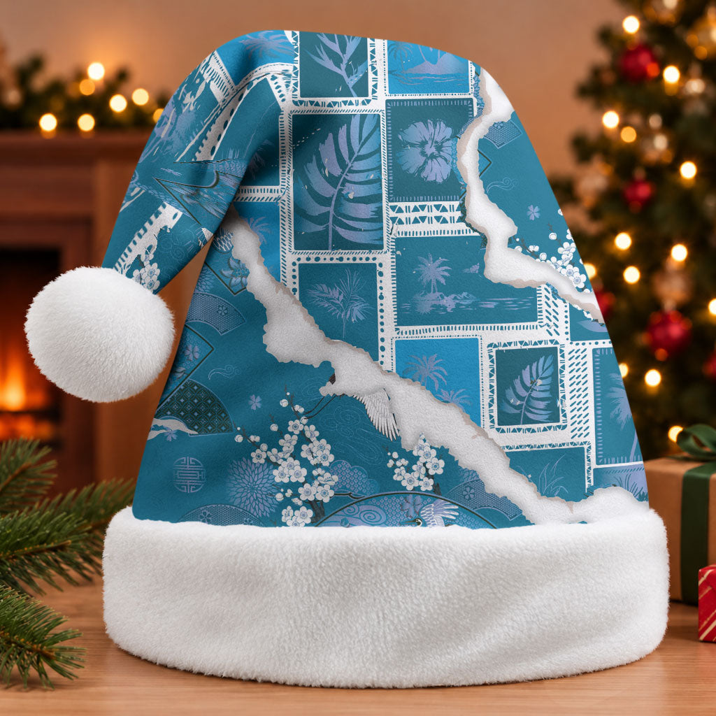 Hawaii Japanese Culture Blue Christmas Santa Hat Spring Cranes Aloha Pattern LT01 Without Fur Blue - Polynesian Pride