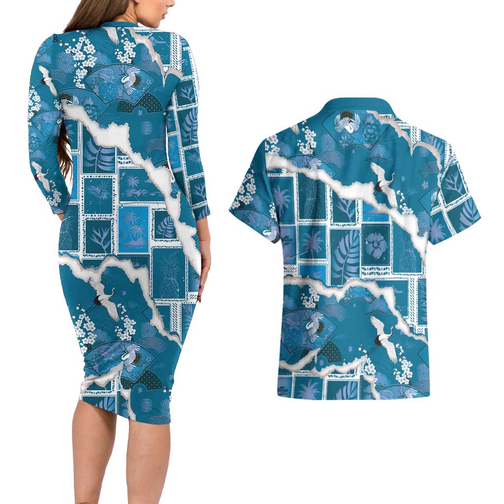 Hawaii Japanese Culture Blue Couples Matching Long Sleeve Bodycon Dress and Hawaiian Shirt Spring Cranes Aloha Pattern LT01 - Polynesian Pride