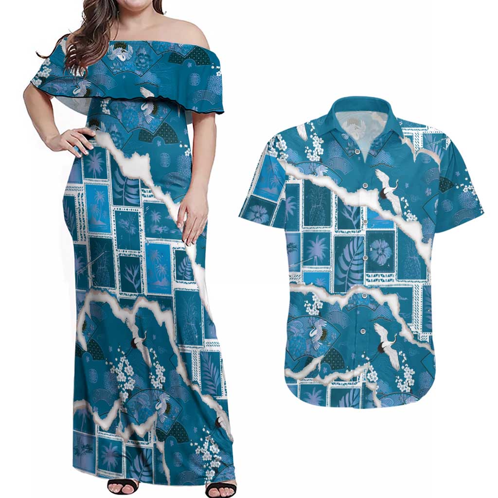 Hawaii Japanese Culture Blue Couples Matching Off Shoulder Maxi Dress and Hawaiian Shirt Spring Cranes Aloha Pattern