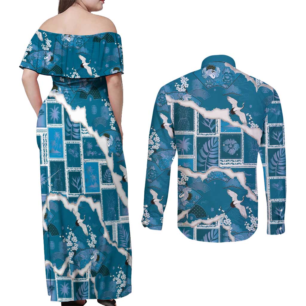 Hawaii Japanese Culture Blue Couples Matching Off Shoulder Maxi Dress and Long Sleeve Button Shirt Spring Cranes Aloha Pattern