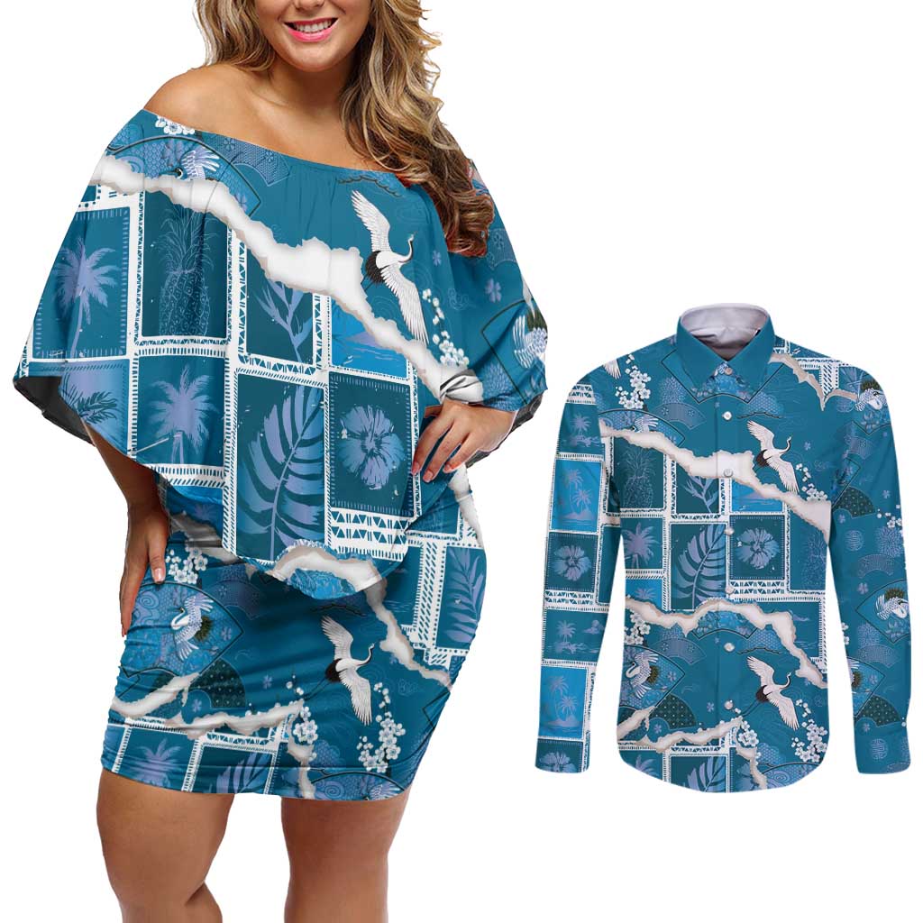 Hawaii Japanese Culture Blue Couples Matching Off Shoulder Short Dress and Long Sleeve Button Shirt Spring Cranes Aloha Pattern