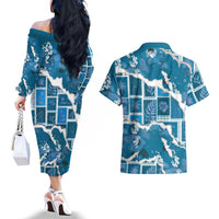 Hawaii Japanese Culture Blue Couples Matching Off The Shoulder Long Sleeve Dress and Hawaiian Shirt Spring Cranes Aloha Pattern LT01 - Polynesian Pride