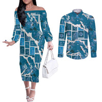 Hawaii Japanese Culture Blue Couples Matching Off The Shoulder Long Sleeve Dress and Long Sleeve Button Shirt Spring Cranes Aloha Pattern LT01 Blue - Polynesian Pride