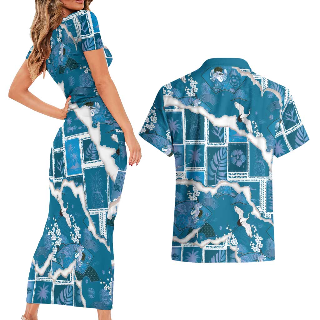 Hawaii Japanese Culture Blue Couples Matching Short Sleeve Bodycon Dress and Hawaiian Shirt Spring Cranes Aloha Pattern LT01 - Polynesian Pride