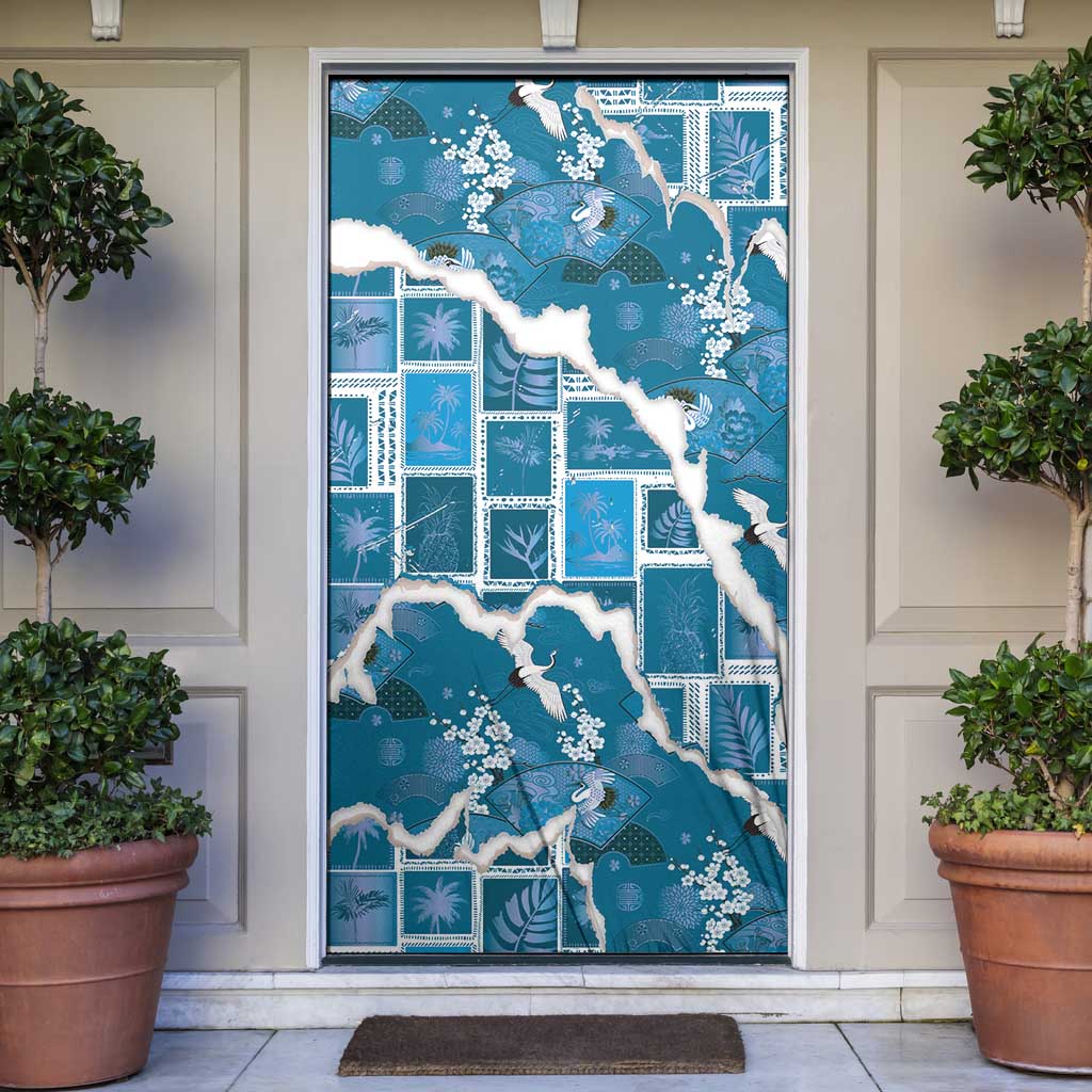 Hawaii Japanese Culture Blue Door Cover Spring Cranes Aloha Pattern LT01 Blue - Polynesian Pride