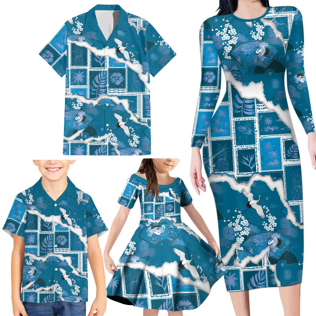 Hawaii Japanese Culture Blue Family Matching Long Sleeve Bodycon Dress and Hawaiian Shirt Spring Cranes Aloha Pattern LT01 - Polynesian Pride