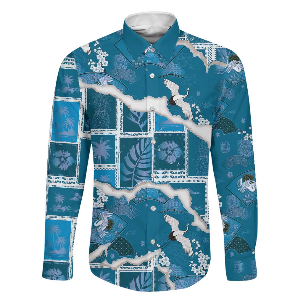 Hawaii Japanese Culture Blue Family Matching Off Shoulder Maxi Dress and Hawaiian Shirt Spring Cranes Aloha Pattern LT01 Dad's Shirt - Long Sleeve Blue - Polynesian Pride