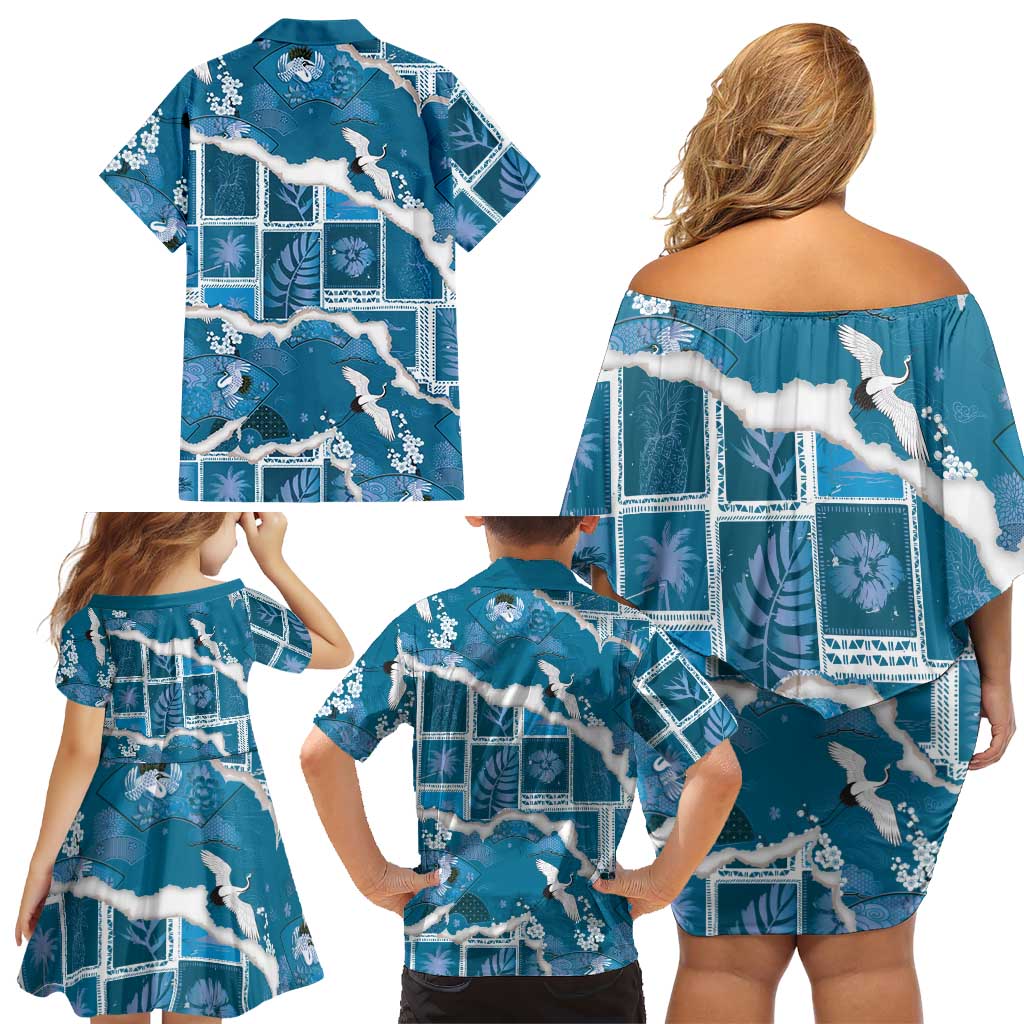 Hawaii Japanese Culture Blue Family Matching Off Shoulder Short Dress and Hawaiian Shirt Spring Cranes Aloha Pattern LT01 - Polynesian Pride