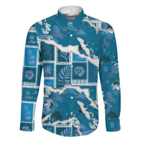 Hawaii Japanese Culture Blue Family Matching Off Shoulder Short Dress and Hawaiian Shirt Spring Cranes Aloha Pattern LT01 Dad's Shirt - Long Sleeve Blue - Polynesian Pride