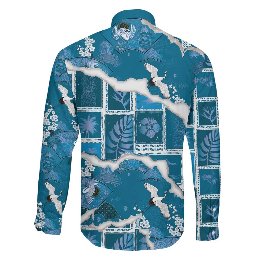 Hawaii Japanese Culture Blue Family Matching Off Shoulder Short Dress and Hawaiian Shirt Spring Cranes Aloha Pattern LT01 - Polynesian Pride