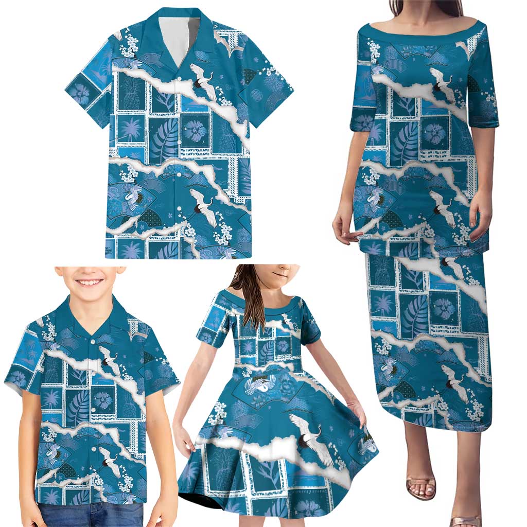 Hawaii Japanese Culture Blue Family Matching Puletasi and Hawaiian Shirt Spring Cranes Aloha Pattern LT01 - Polynesian Pride