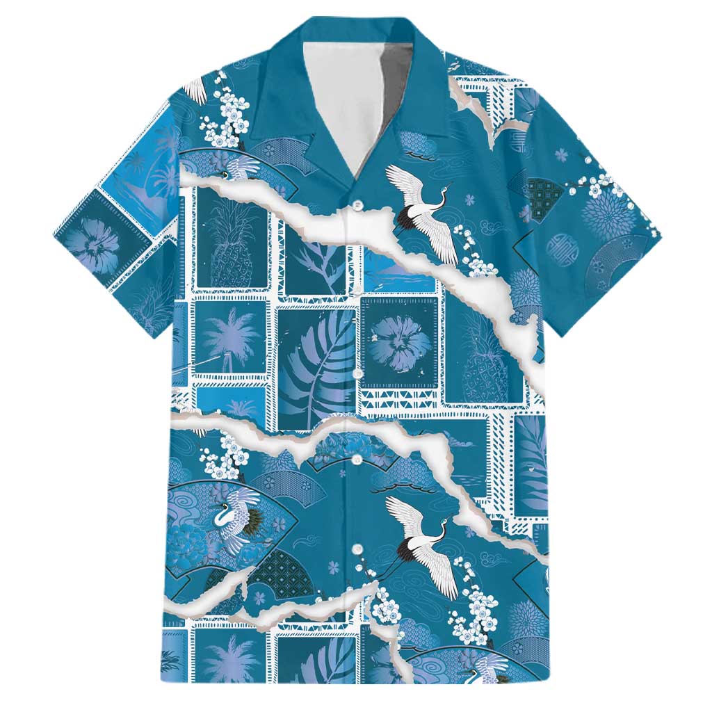 Hawaii Japanese Culture Blue Family Matching Puletasi and Hawaiian Shirt Spring Cranes Aloha Pattern LT01 Dad's Shirt - Short Sleeve Blue - Polynesian Pride
