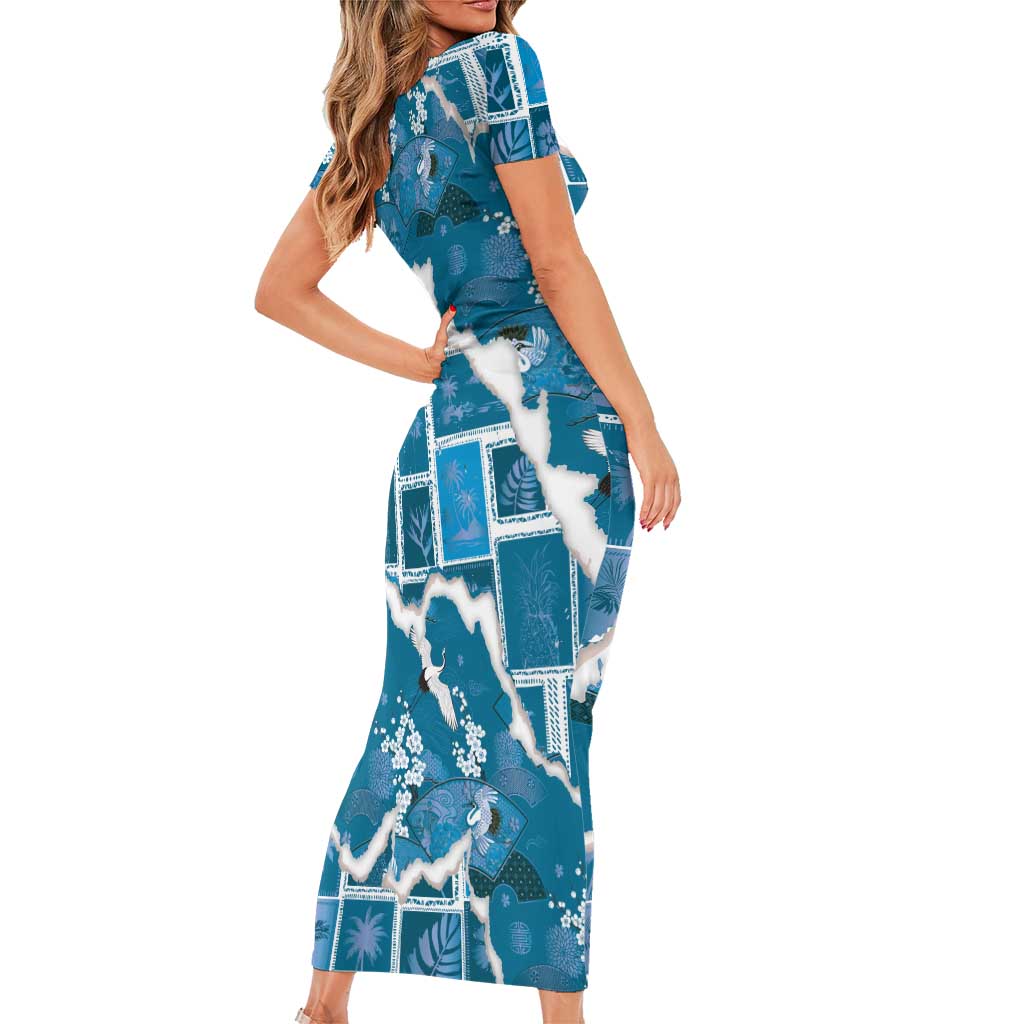 Hawaii Japanese Culture Blue Family Matching Short Sleeve Bodycon Dress and Hawaiian Shirt Spring Cranes Aloha Pattern LT01 - Polynesian Pride