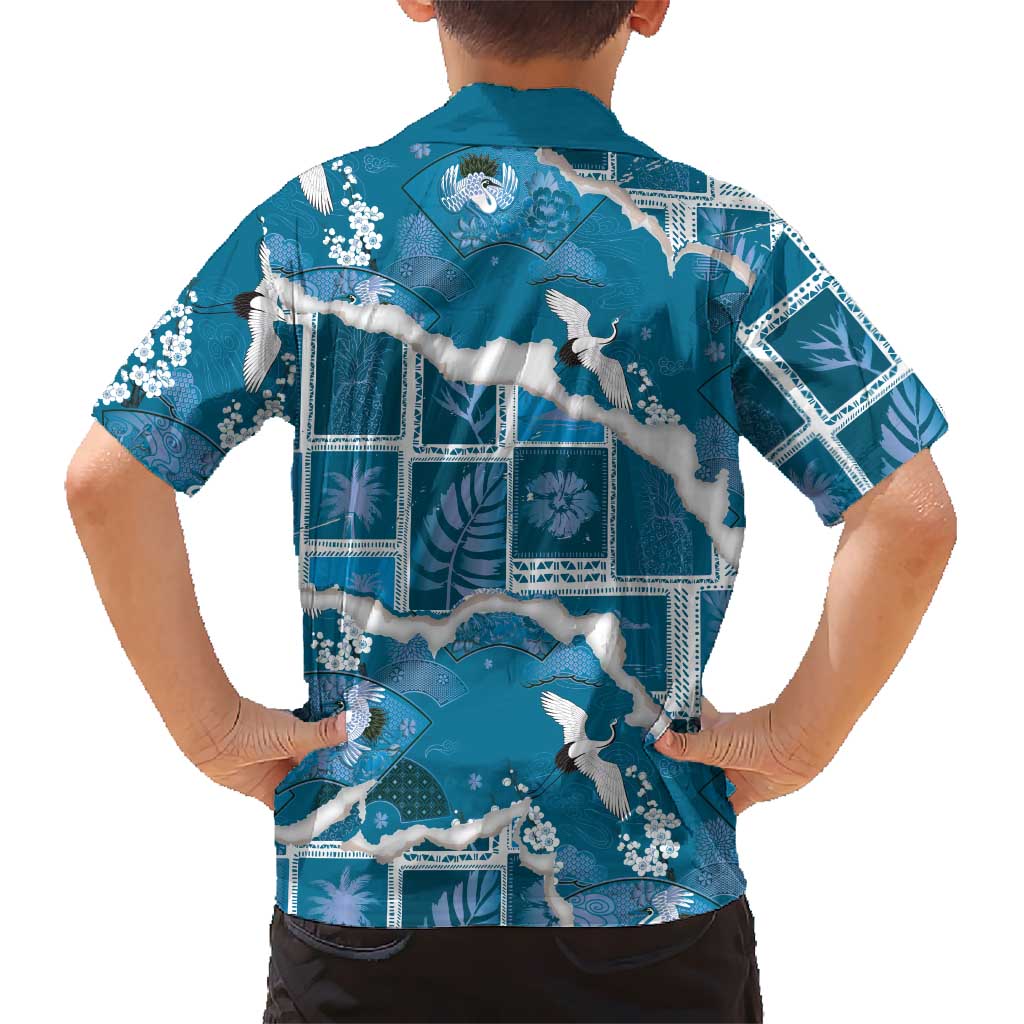 Hawaii Japanese Culture Blue Family Matching Summer Maxi Dress and Hawaiian Shirt Spring Cranes Aloha Pattern LT01 - Polynesian Pride