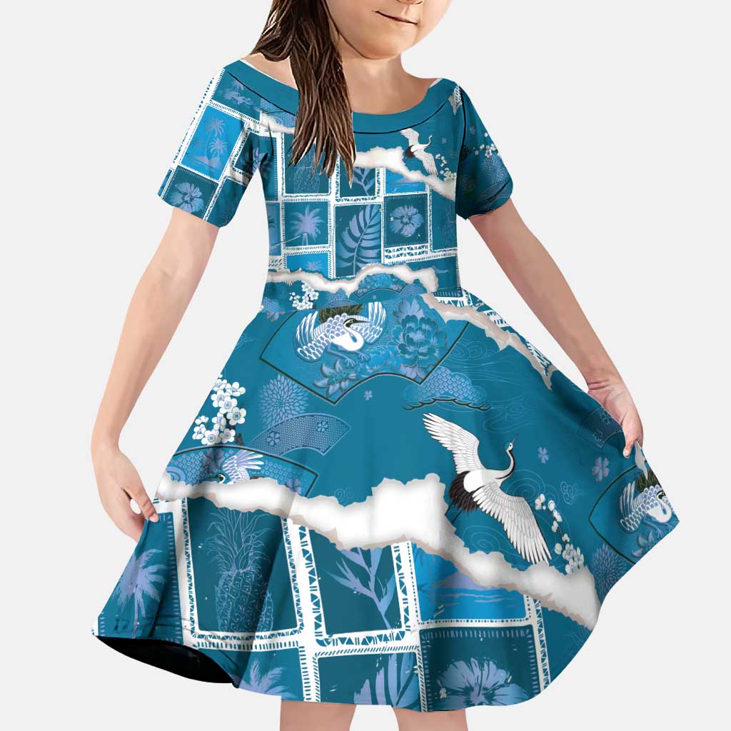 Hawaii Japanese Culture Blue Family Matching Summer Maxi Dress and Hawaiian Shirt Spring Cranes Aloha Pattern LT01 Daughter's Dress Blue - Polynesian Pride