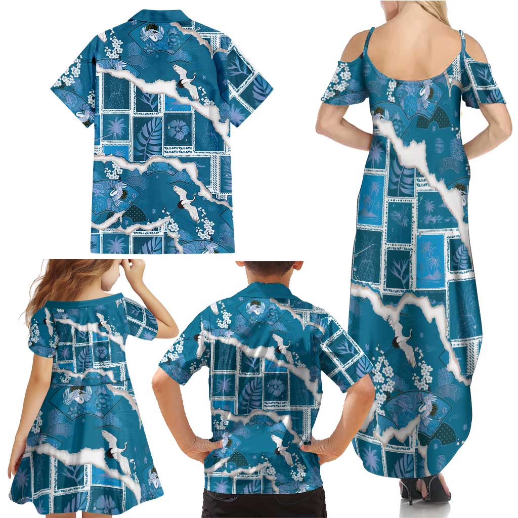 Hawaii Japanese Culture Blue Family Matching Summer Maxi Dress and Hawaiian Shirt Spring Cranes Aloha Pattern LT01 - Polynesian Pride