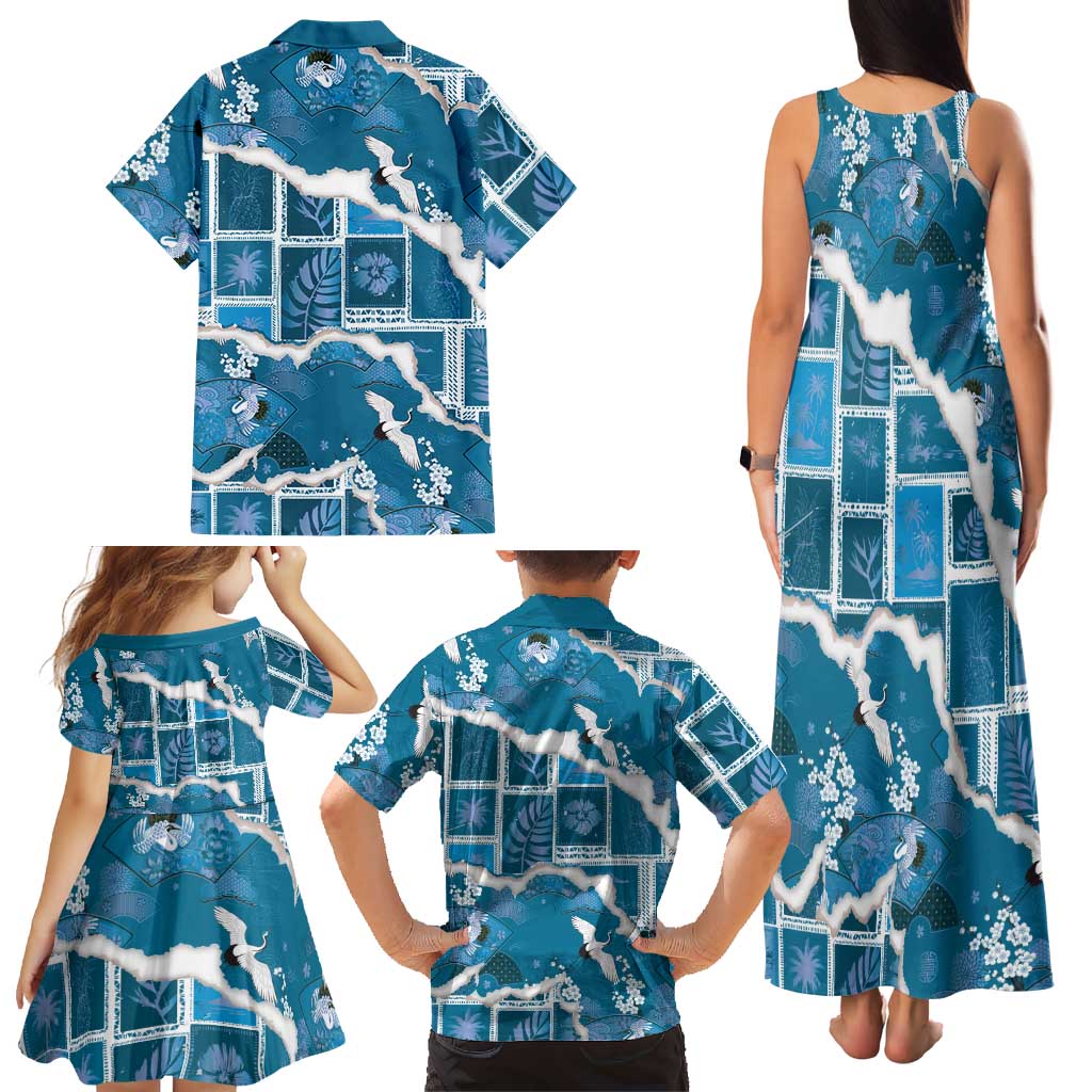 Hawaii Japanese Culture Blue Family Matching Tank Maxi Dress and Hawaiian Shirt Spring Cranes Aloha Pattern LT01 - Polynesian Pride