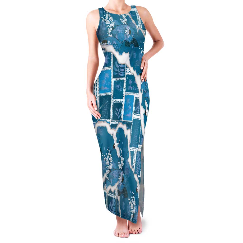 Hawaii Japanese Culture Blue Family Matching Tank Maxi Dress and Hawaiian Shirt Spring Cranes Aloha Pattern LT01 Mom's Dress Blue - Polynesian Pride