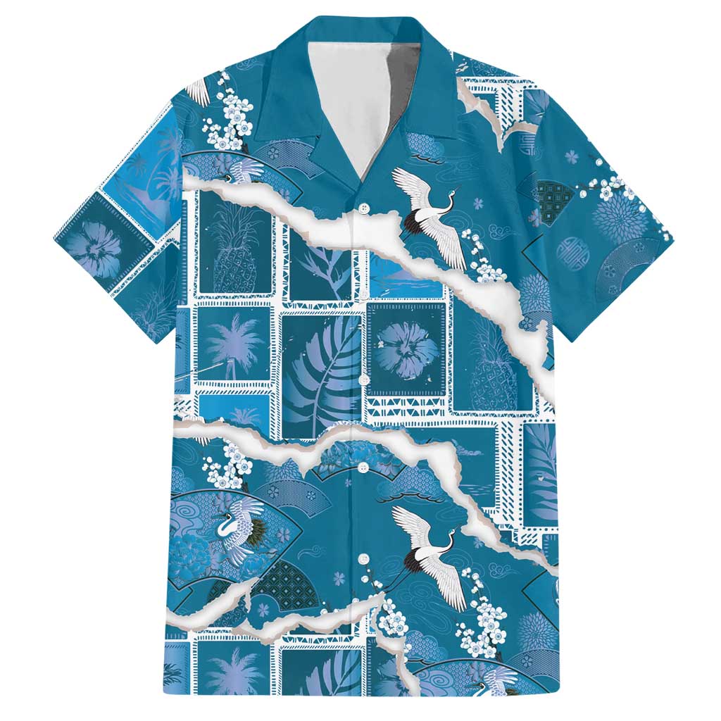 Hawaii Japanese Culture Blue Hawaiian Shirt Spring Cranes Aloha Pattern