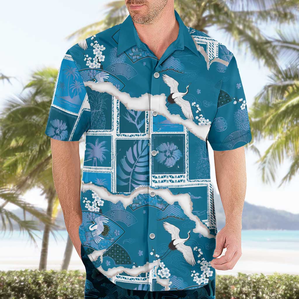Hawaii Japanese Culture Blue Hawaiian Shirt Spring Cranes Aloha Pattern