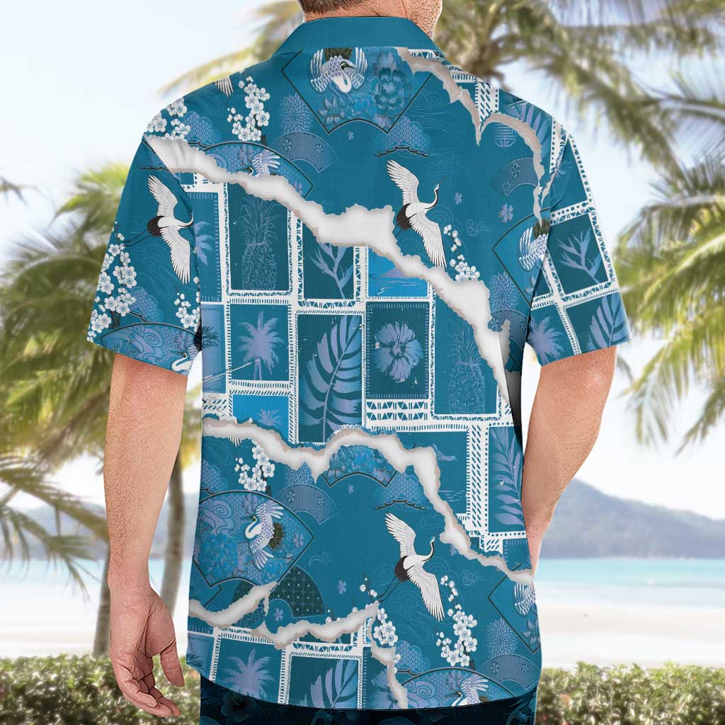 Hawaii Japanese Culture Blue Hawaiian Shirt Spring Cranes Aloha Pattern