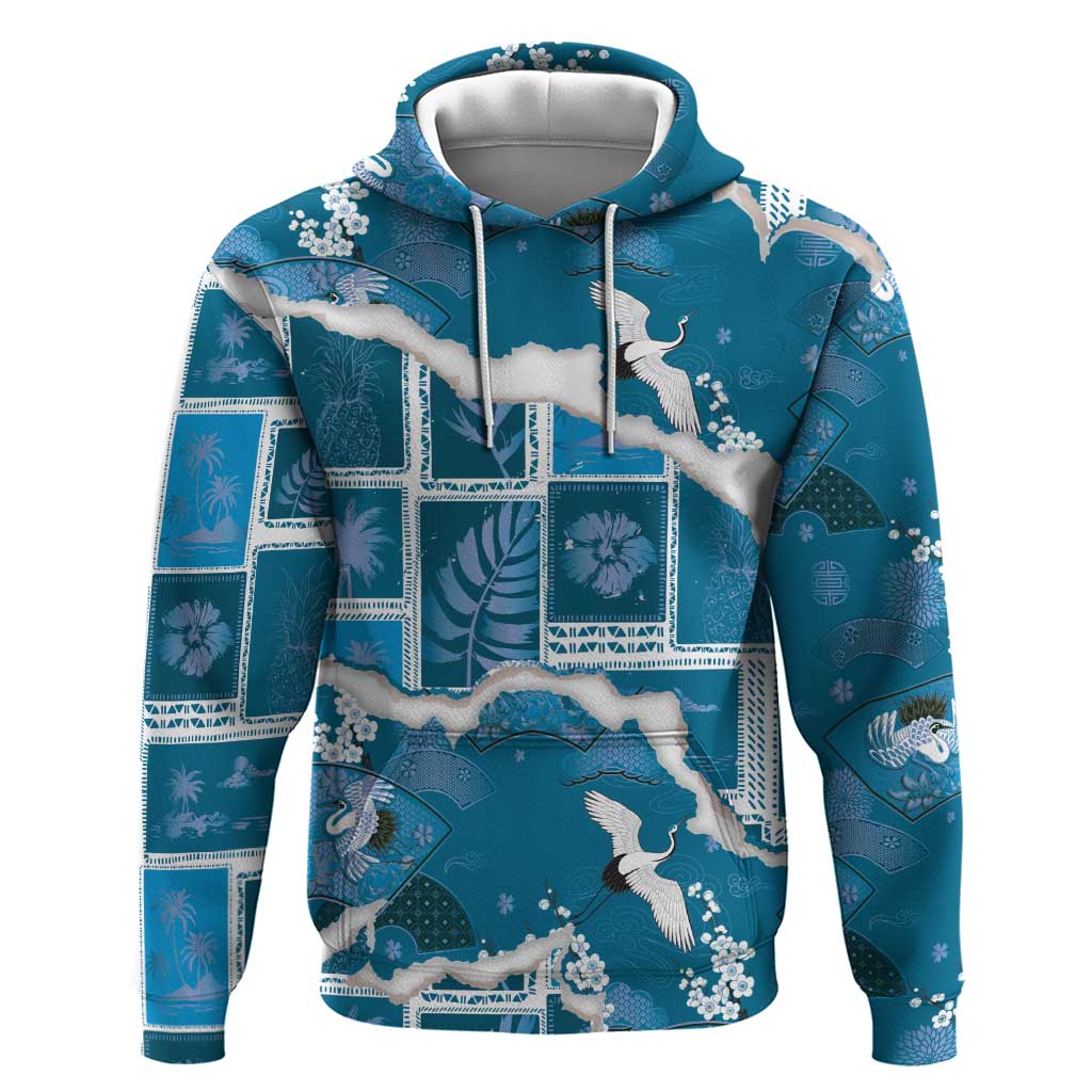 Hawaii Japanese Culture Blue Hoodie Spring Cranes Aloha Pattern