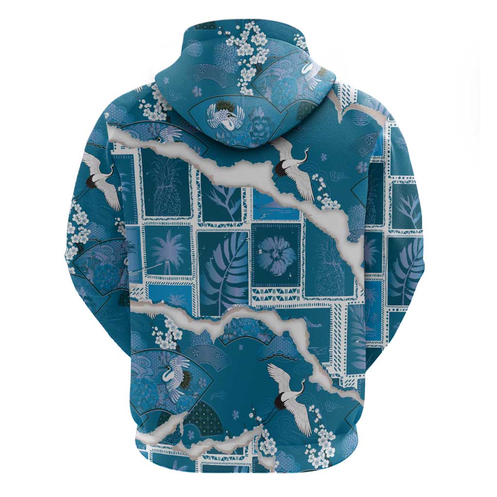 Hawaii Japanese Culture Blue Hoodie Spring Cranes Aloha Pattern