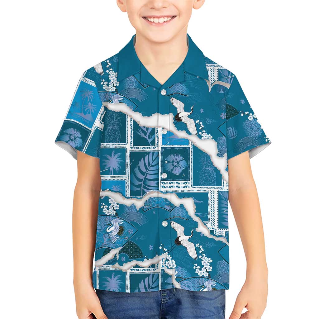 Hawaii Japanese Culture Blue Kid Hawaiian Shirt Spring Cranes Aloha Pattern