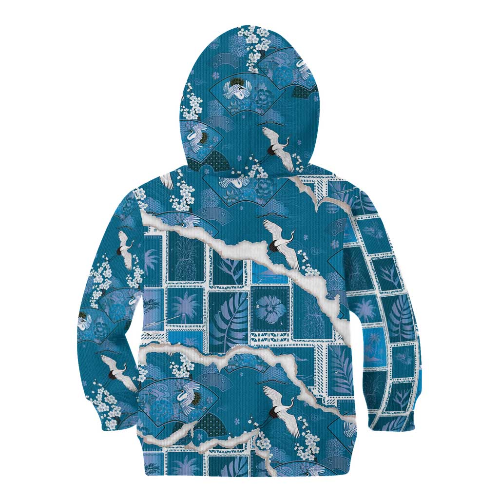 Hawaii Japanese Culture Blue Kid Hoodie Spring Cranes Aloha Pattern