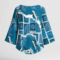 Hawaii Japanese Culture Blue Kimono Sleeve Blouse Spring Cranes Aloha Pattern