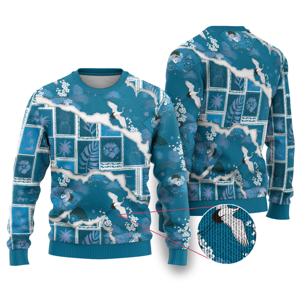 Hawaii Japanese Culture Blue Ugly Christmas Sweater Spring Cranes Aloha Pattern LT01 Blue - Polynesian Pride