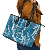 Hawaii Japanese Culture Blue Leather Tote Bag Spring Cranes Aloha Pattern