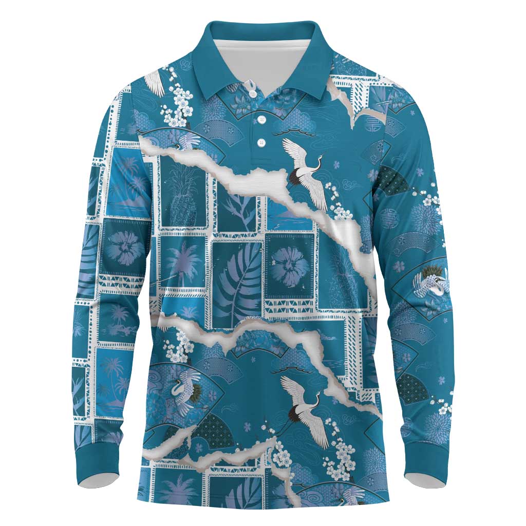 Hawaii Japanese Culture Blue Long Sleeve Polo Shirt Spring Cranes Aloha Pattern LT01 Blue - Polynesian Pride