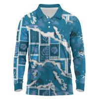 Hawaii Japanese Culture Blue Long Sleeve Polo Shirt Spring Cranes Aloha Pattern LT01 Blue - Polynesian Pride