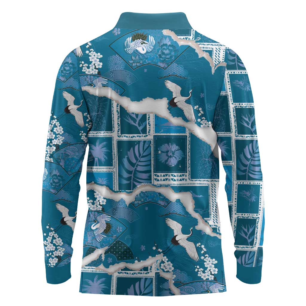 Hawaii Japanese Culture Blue Long Sleeve Polo Shirt Spring Cranes Aloha Pattern LT01 - Polynesian Pride
